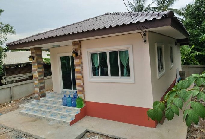 These small house plans to be built under 80 square meters. It consists of 2 bedrooms, 2 bathrooms, a living area and a kitchen with estimated costs starting 300 thousand Baht or 500 thousand in Philippine Peso. Suitable for small families.